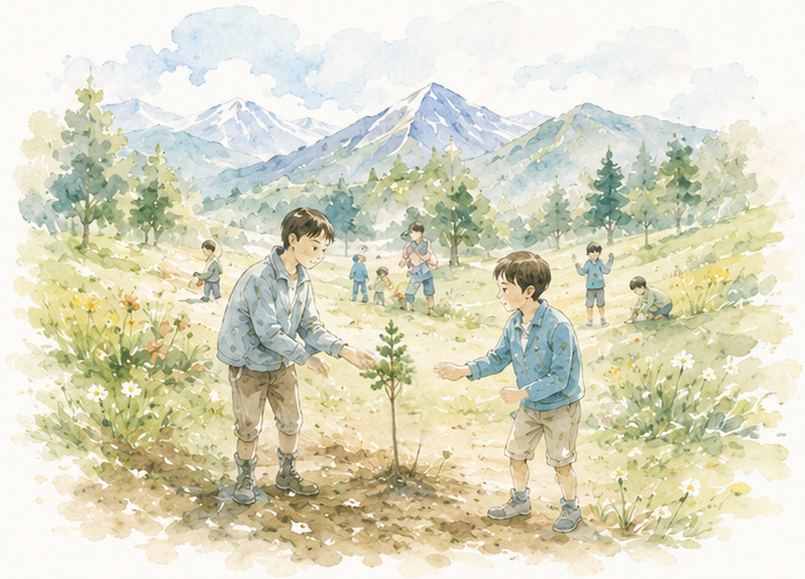 土に触れ、植物を育てる子どもたち